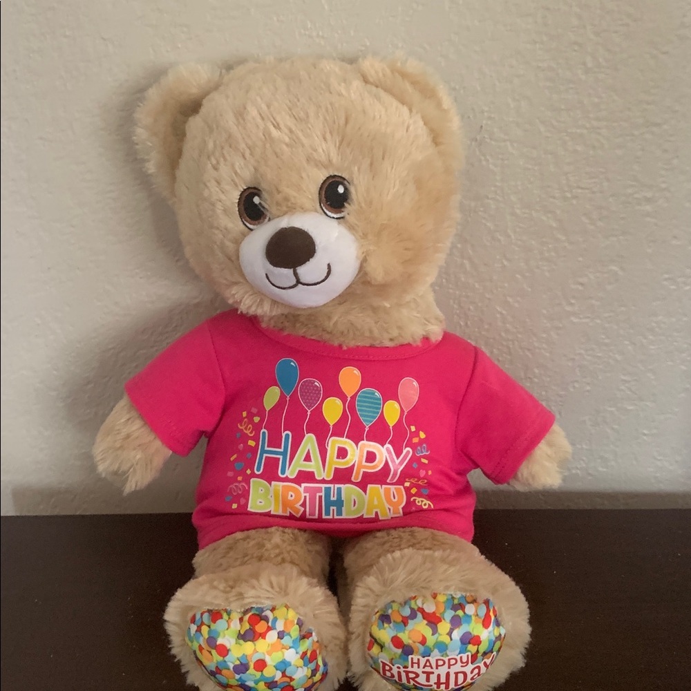 Build-A-Bear teddy bear with happy birthday shirt